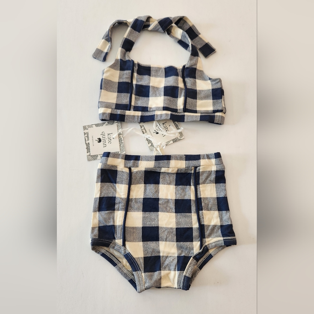 NWT Kate Quinn Piped Retro Halter Top 2 Piece Sunsuit Blue Gingham 18-24 M